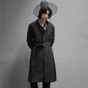 Hanbok Hooded Durumagi Jacket for Men, Korean Modern Hanbok Trench Coat Style Outerwear with Belt, Black Color