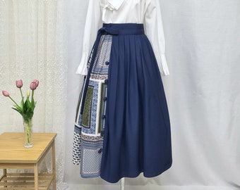 Hanbok Women Wrap Skirt, Beautiful Korean Modern Hanbok Casual Party Dress Clothing for Women, Korean Modernized Daily Hanbok Skirt Navy