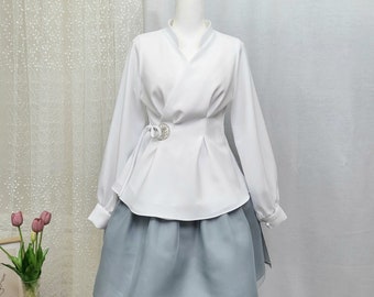 Hanbok Women Blouse Jeogori Top, Korean Modern Hanbok Casual Party Dress Clothing for Women, Modernized Daily Hanbok Shirt White Color