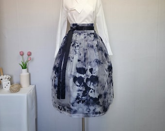 Saia longa envolvente com padrão de pintura a tinta Hanbok, lindo vestido de festa casual coreano moderno Hanbok, saia Hanbok coreana diária