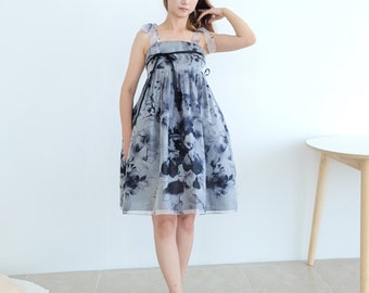 Hanbok Women Ink Wash Painting Pattern Sleeveless Dress, Korean Modern Daily Casual Party Hanbok Wrap Style Mini Dress