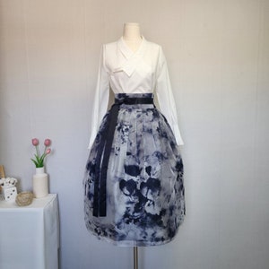 Hanbok Ink Wash Painting Pattern Wrap Long Skirt, Beautiful Korean Modern Hanbok Casual Party Dress Clothing, Korean Daily Hanbok Skirt