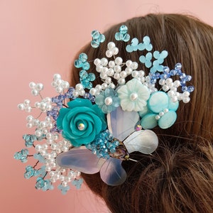 Hanbok Hairpin, Sky Butterfly on a Bouquet, Korean Traditional Mother-of-pearl Hair Stick Accessory, Decorative Flower Ornament Hair Piece
