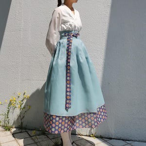 Hanbok Women Seuran Skirt, Traditional Korean Hanbok Sky Blue Wrap Skirt with Dancheong Hem, Modern Korean 3-Layer Skirt