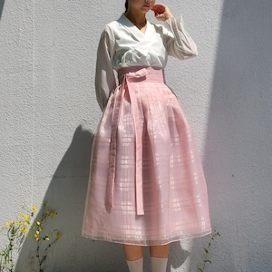 Hanbok Women Pink Check Skirt, Sheer Modern Hanbok Wrap Skirt with Subtle Shine, 3-Layer Korean Hanbok Skirt for Women