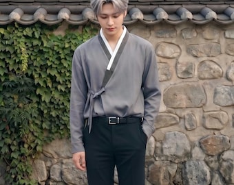 Hanbok Shirt for Men, Korean Modern Hanbok Top Jacket Casual Party Clothing, Modernized Daily Hanbok Shirt in Gray Color