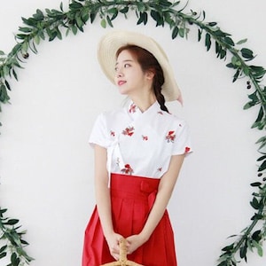 Hanbok Women Short Sleeve Blouse Jeogori Top, Korean Modern Hanbok Casual Party Dress Clothing, Modernized Daily Hanbok Cotton Shirt