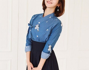 Hanbok Women Long Sleeve Blouse Jeogori Top, Korean Modern Hanbok Casual Party Dress for Women, Modernized Daily Hanbok Cotton Shirt Blue