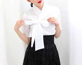 Hanbok Women Soft Sheer Ribbon Blouse Jeogori Top, Korean Modern Hanbok Casual Party Dress for Women, Modernized Daily Hanbok Shirt White