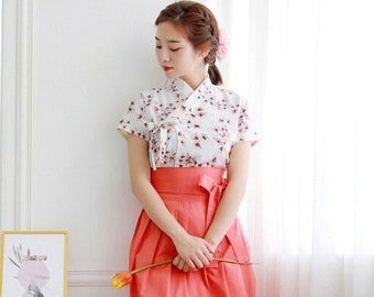 Hanbok Women Short Sleeve Blouse Jeogori Top, Korean Modern Hanbok Casual Party Dress for Women, Modernized Daily Hanbok Shirt