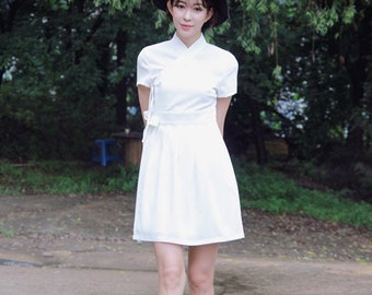 Hanbok Women Dress, Korean Modern Hanbok Wrap Style Short Sleeve Dress, Korea Modernized Daily Casual Party Hanbok White Dress