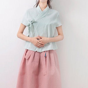 Hanbok Women Short Sleeve Blouse Jeogori Top, Korean Modern Hanbok Casual Party Dress for Women, Modernized Daily Hanbok Shirt Mint Color