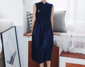 Hanbok Women Sleeveless Dress, Korean Modern Hanbok Wrap Style Long Dress, Korea Modernized Daily Casual Party Hanbok Navy Color