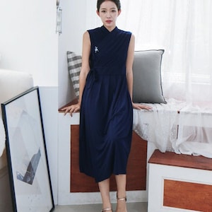 Hanbok Women Sleeveless Dress, Korean Modern Hanbok Wrap Style Long Dress, Korea Modernized Daily Casual Party Hanbok Navy Color