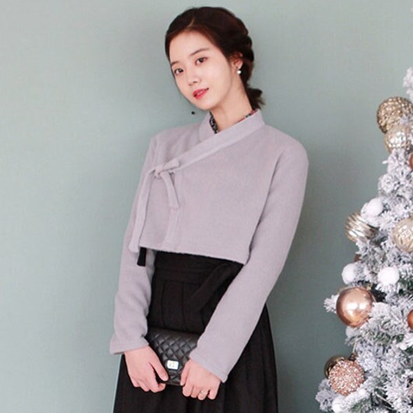 Hanbok Damen Warme Bluse Jeogori Top, Korean Modern Hanbok Casual Party Kleidung, Modernized Daily Hanbok Wolle Shirt für Winter, Graue Farbe