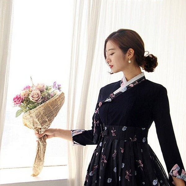 Hanbok Women Dress, Korean Modern Hanbok Wrap Style Dress, Korea Modernized Daily Casual Party Hanbok Dress Navy color