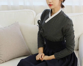 Hanbok Women Blouse Jeogori Top, Korean Modern Hanbok Casual Party Dress Clothing for Women, Modernized Daily Hanbok Shirt Gray Color