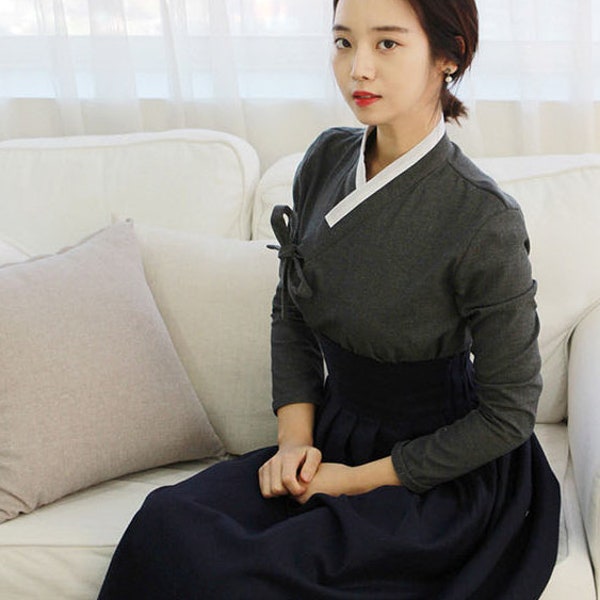 Hanbok Women Blouse Jeogori Top, Korean Modern Hanbok Casual Party Dress Clothing for Women, Modernized Daily Hanbok Shirt Gray Color