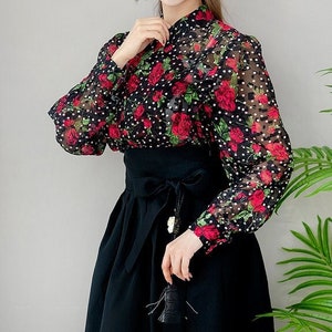 Hanbok Women See-through Floral Blouse Jeogori Top, Korean Modern Hanbok Casual Party Dress Clothing for Women, Daily Hanbok Shirt Black