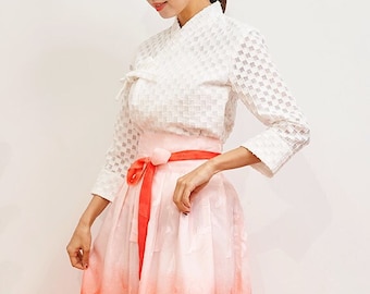 Hanbok Women 3/4 Sleeve Blouse Jeogori Top, Korean Modern Hanbok Casual Party Dress Clothing for Women, Modernized Daily Hanbok Shirt White