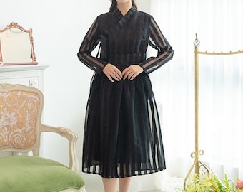 Hanbok Women Dress, Korean Modern Hanbok Wrap Style see through Dress, Korea Modernized Daily Casual Party Hanbok Dress Black Color