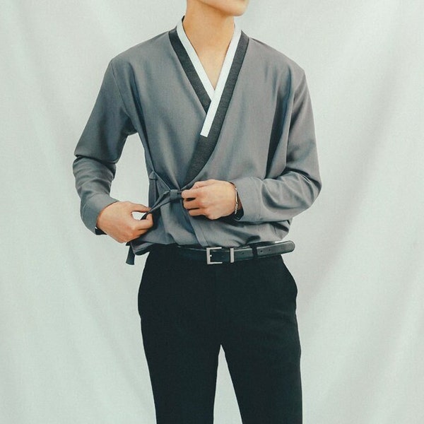 Hanbok Shirt for Men, Korean Modern Hanbok Top Jacket Casual Party Clothing, Modernized Daily Hanbok Shirt in Gray Color