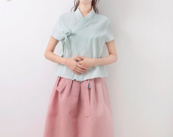 Hanbok Women Short Sleeve Blouse Jeogori Top, Korean Modern Hanbok Casual Party Dress for Women, Modernized Daily Hanbok Shirt Mint Color