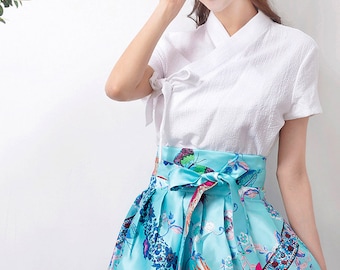 Hanbok Women Short Sleeve Blouse Jeogori Top, Korean Modern Hanbok Casual Party Dress for Women, Modernized Daily Hanbok Shirt White