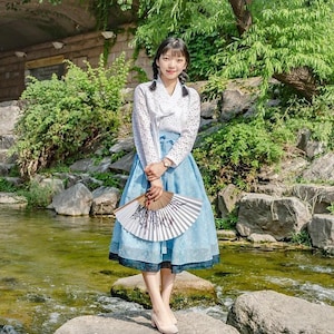 Hanbok Women Two-color Layered Wrap Skirt, Korean Modern Hanbok Casual Party Dress Clothing, Korean Modernized Daily Hanbok Skirt Sky Blue