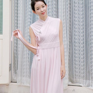 Hanbok Women Sleeveless Dress, Korean Modern Hanbok Wrap Style Long Dress, Korea Modernized Daily Casual Party Hanbok Pink Color