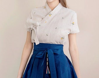 Hanbok Women Short Sleeve Blouse Jeogori Top, Korean Modern Hanbok Casual Party Dress for Women, Modernized Daily Hanbok Cotton Shirt Beige