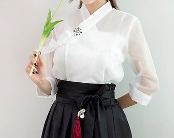 Hanbok Women See-through Blouse Jeogori Top, Korean Modern Hanbok Casual Party Dress Clothing for Women, Modernized Daily Hanbok Shirt White