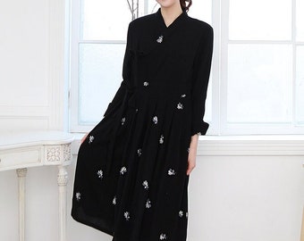 Hanbok Women Dress, Korean Modern Hanbok Wrap Style Dress, Korea Modernized Daily Casual Party Short / Long Sleeve Hanbok Dress Black Color