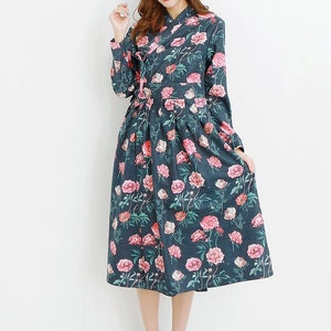 Hanbok Women Flower Pattern Dress, Korean Modern Hanbok Wrap Style Long Dress, Korea Modernized Daily Casual Party Long Sleeve Hanbok Dress