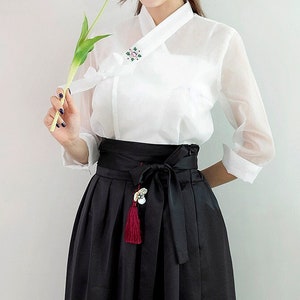 Hanbok Women See-through Blouse Jeogori Top, Korean Modern Hanbok Casual Party Dress Clothing for Women, Modernized Daily Hanbok Shirt White