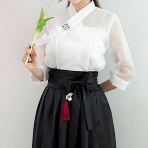 Hanbok Frauen Durchsichtige Bluse Jeogori Top, koreanische moderne Hanbok Casual Party Kleid Kleidung für Frauen, modernisiertes tägliches Hanbok Shirt Weiß