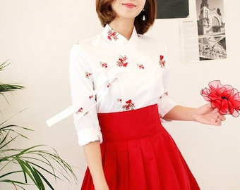Hanbok Women Blouse Jeogori Top, Korean Modern Hanbok Casual Party Dress Clothing for Women, Modernized Daily Hanbok Shirt White Color