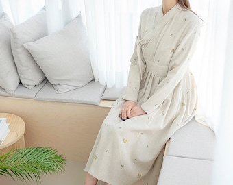 Hanbok Women Dress, Korean Modern Hanbok Wrap Style Long Dress, Korea Modernized Daily Casual Party Long Sleeve Hanbok Dress Beige Color