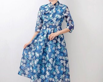 Hanbok Women Dress, Korean Modern Hanbok Wrap Style Short Sleeve Dress, Korea Modernized Daily Casual Party Hanbok Dress Blue Color