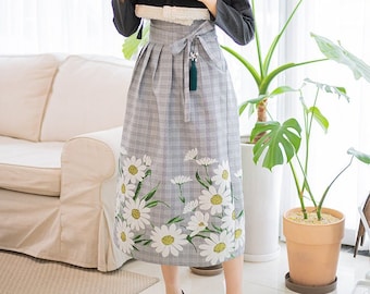 Hanbok Women Elastic Waistband Skirt, Korean Modern Hanbok Flower Skirt Casual Party Dress Clothing for Women, Korean Daily Hanbok Dress