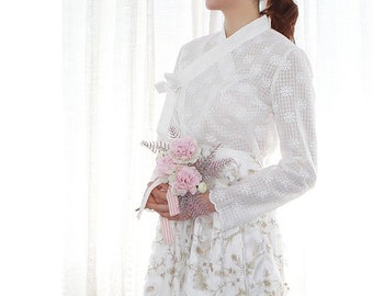 Hanbok Women Chiffon Blouse Jeogori Top, Korean Modern Hanbok Casual Party Dress Clothing for Women, Modernized Daily Hanbok Shirt White