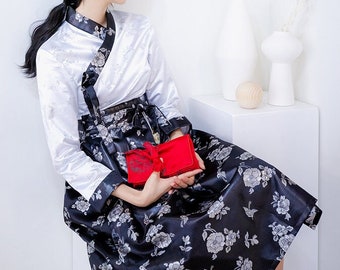 Hanbok Frauen Silber Blume Kleid, koreanische moderne Hanbok Wrap Style lange Kleid, Korea modernisierte tägliche Casual Party Langarm Hanbok Kleid