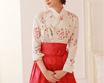 Hanbok Women Blouse Jeogori Top, Korean Modern Hanbok Casual Party Dress Clothing for Women, Flower Pattern Modernized Daily Hanbok