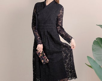 Hanbok Women Dress, Korean Modern Hanbok Wrap Style Long Dress, Korea Modernized Daily Casual Party Hanbok Lace Black Dress, Evening Dress