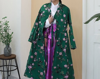 Hanbok Women Flower Long Jacket / Dress, Korean Modern Hanbok Wrap Style Long Dress, Daily Casual Party Long Sleeve Hanbok Dress Jacket