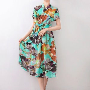 Vestido Hanbok para mujer, vestido midi con estampado de flores de estilo envolvente Hanbok moderno coreano, vestido Hanbok de manga corta para fiesta informal diaria modernizado de Corea
