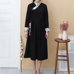Hanbok Women Dress, Korean Modern Hanbok Wrap Style Long Dress, Korea Modernized Daily Casual Party Long Sleeve Hanbok Dress Black Color