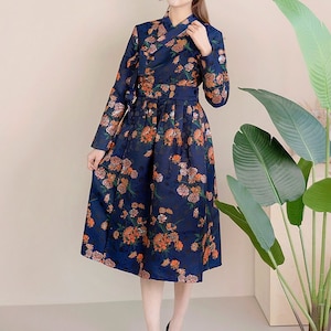 Hanbok Women Flower Pattern Dress, Korean Modern Hanbok Wrap Style Long Dress, Korea Modernized Daily Casual Party Long Sleeve Hanbok Dress