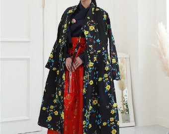Hanbok Women Flower Long Jacket / Dress, Korean Modern Hanbok Wrap Style Long Dress, Daily Casual Party Long Sleeve Hanbok Dress Jacket