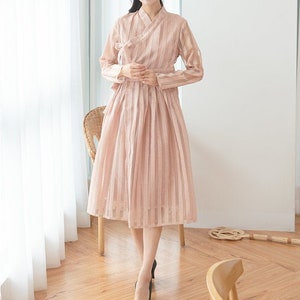 Hanbok Women Dress, Korean Modern Hanbok Wrap Style see through Dress, Korea Modernized Daily Casual Party Hanbok Dress